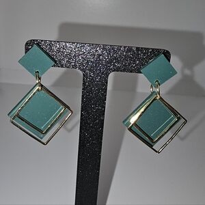 Geometric Golden and Teal Earrings